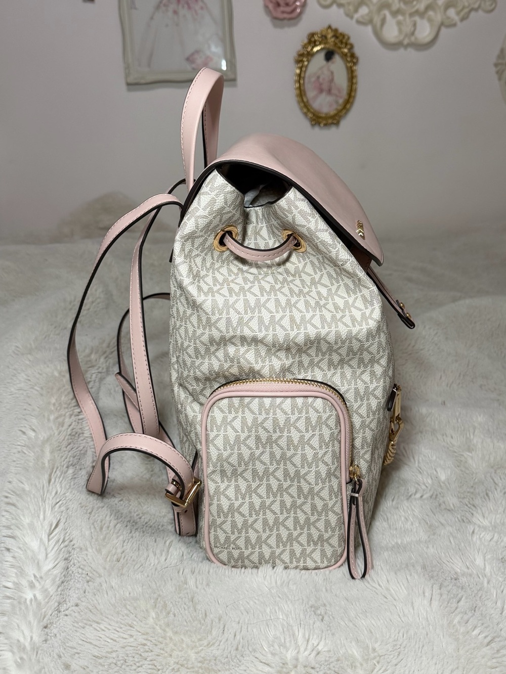 Michael Kors Jet Set Pink & Beige Signature Backpack with Gold Chain - Picture 4 of 9